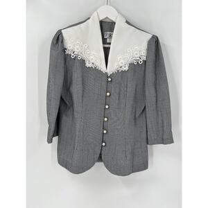 Vintage TF Jacket 14P Black White Lace Trim 3/4 Sleeves Lightweight Shoulder Pad